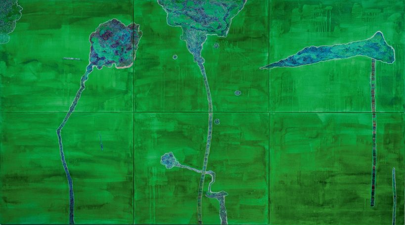 wolkengrün, 2023, Öl und Tusche auf Leinwand, 200 x 360 cm